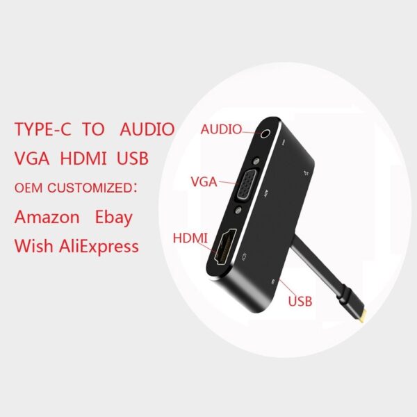 Generic USB Type C Hub Adapter 4K Type-C To HDMI/VGA/Audio/USB 3.0 Port/PD Converter-Black